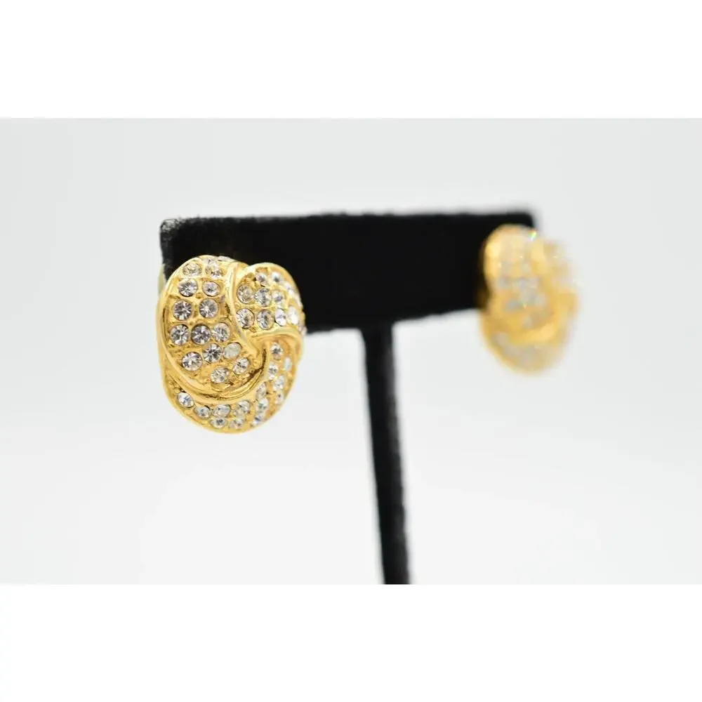 1980s Roman Vintage Earrings Sparkling Pave Rhinestone Crystal Gold Signed Bin1